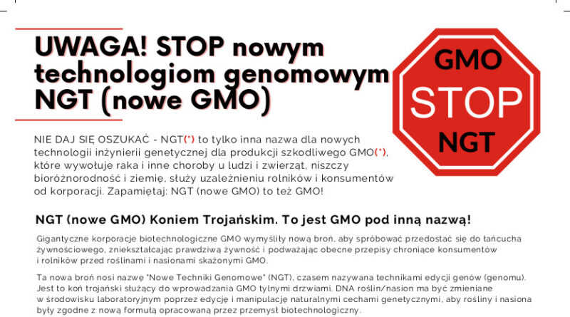 Ulotka: UWAGA! STOP nowym technologiom genomowym NGT (nowe GMO)